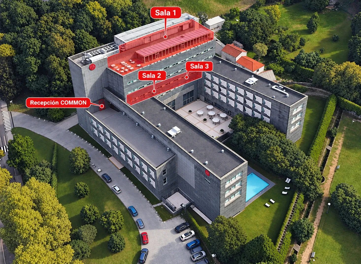 Vista aérea del hotel con la recepción de Common Iberia en la entrada y la situación de las salas 1, 2 y 3